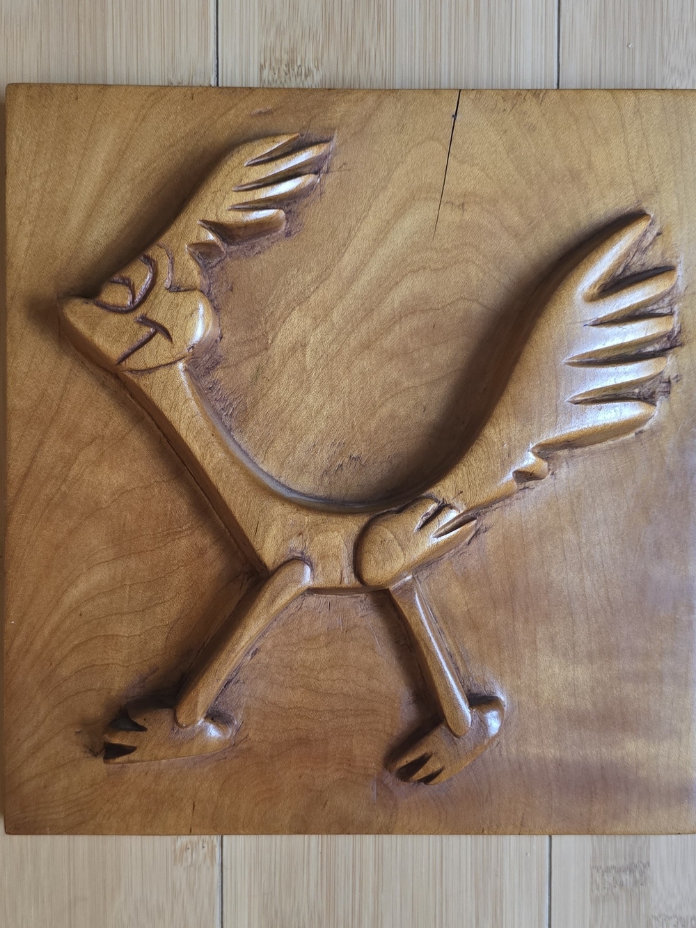 Hand-Carved Road Runner Wall Art - Natural Wood 8"H X 7 3/4"W